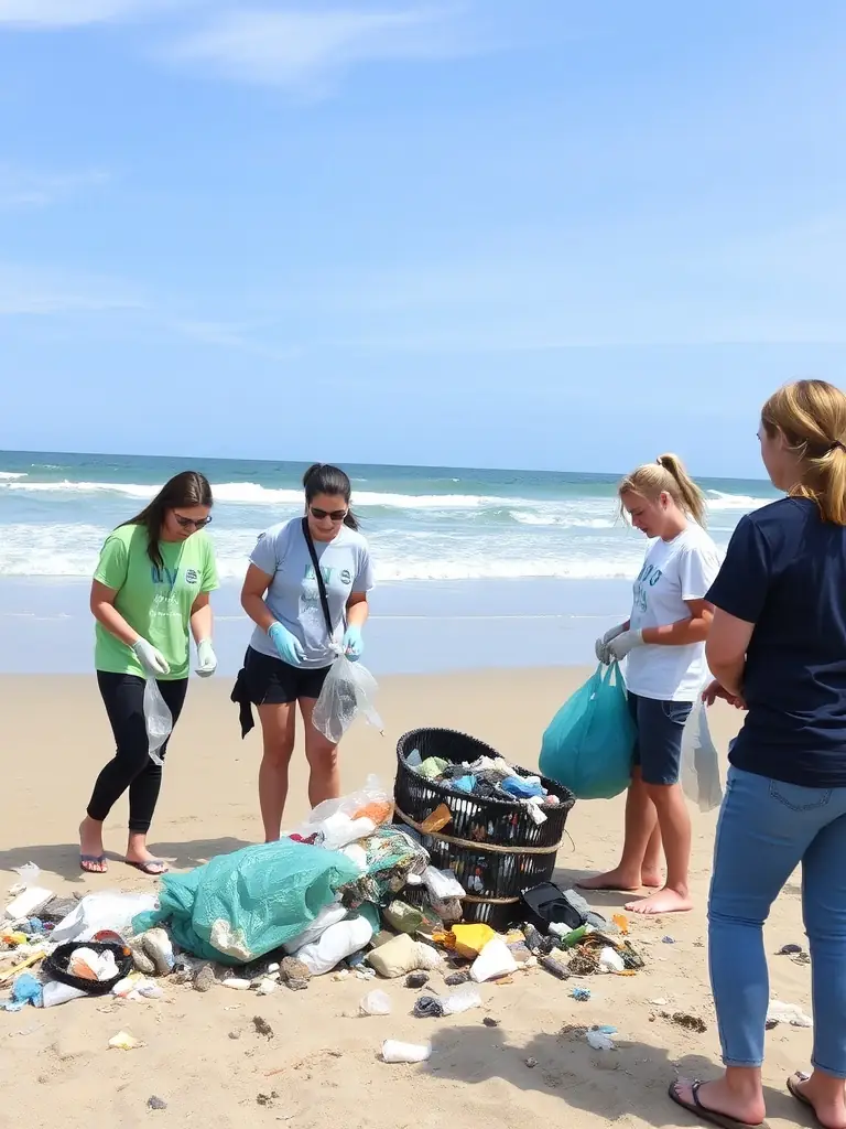 A group of volunteers participating in a beach cleanup activity, removing plastic waste and other pollutants that threaten marine life.