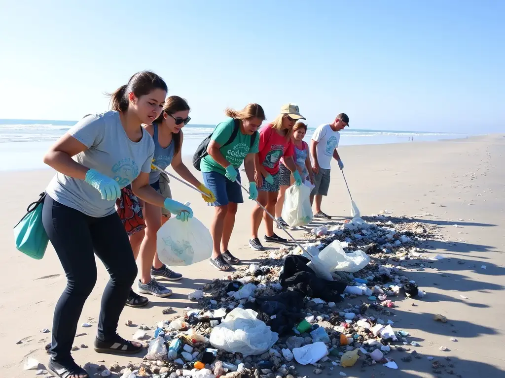 A group of volunteers participating in a beach cleanup activity, removing plastic and other debris to protect marine life.