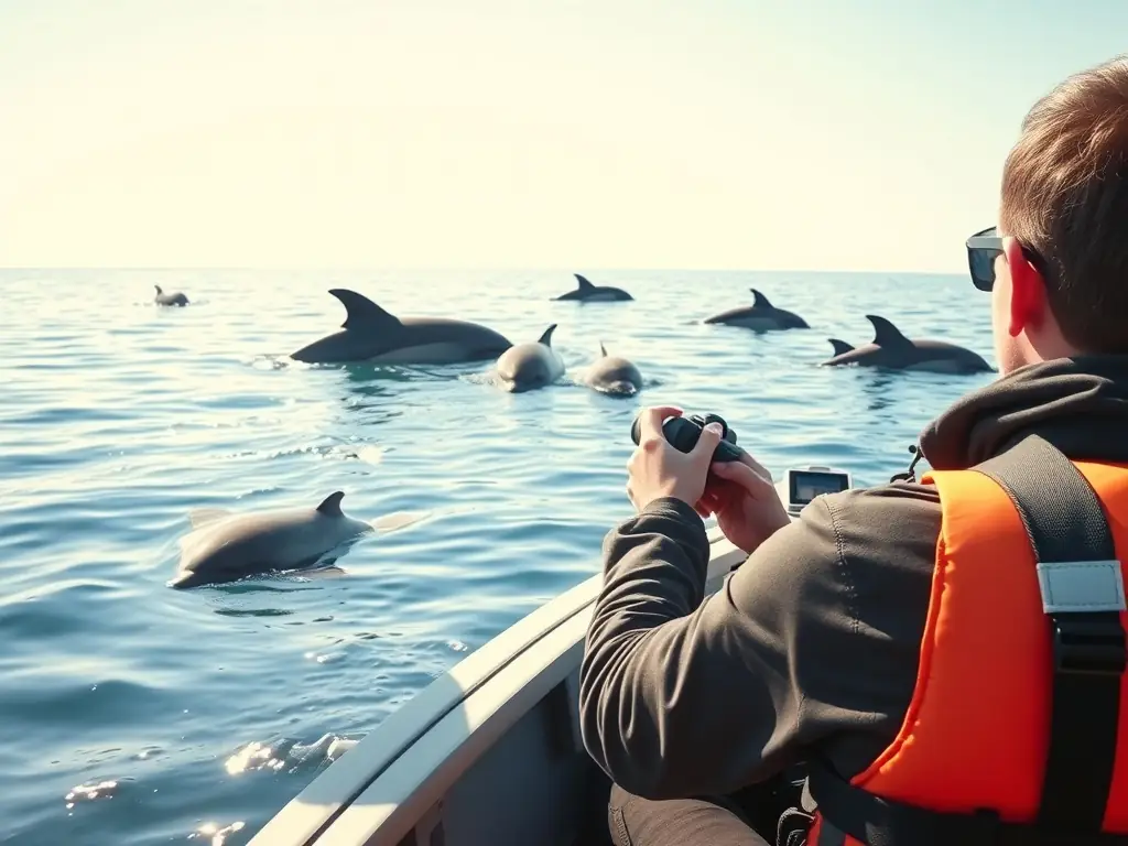 A researcher in a small boat carefully observing a pod of dolphins in the Pertuis d'Antioche strait, with specialized equipment visible.