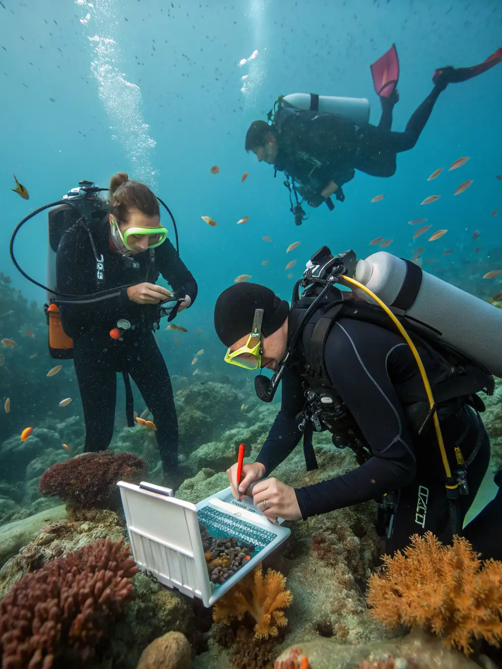A photograph capturing researchers on a small boat, carefully observing and documenting marine mammal behavior in the Pertuis d'Antioche strait. The image should convey a sense of scientific rigor and environmental stewardship.