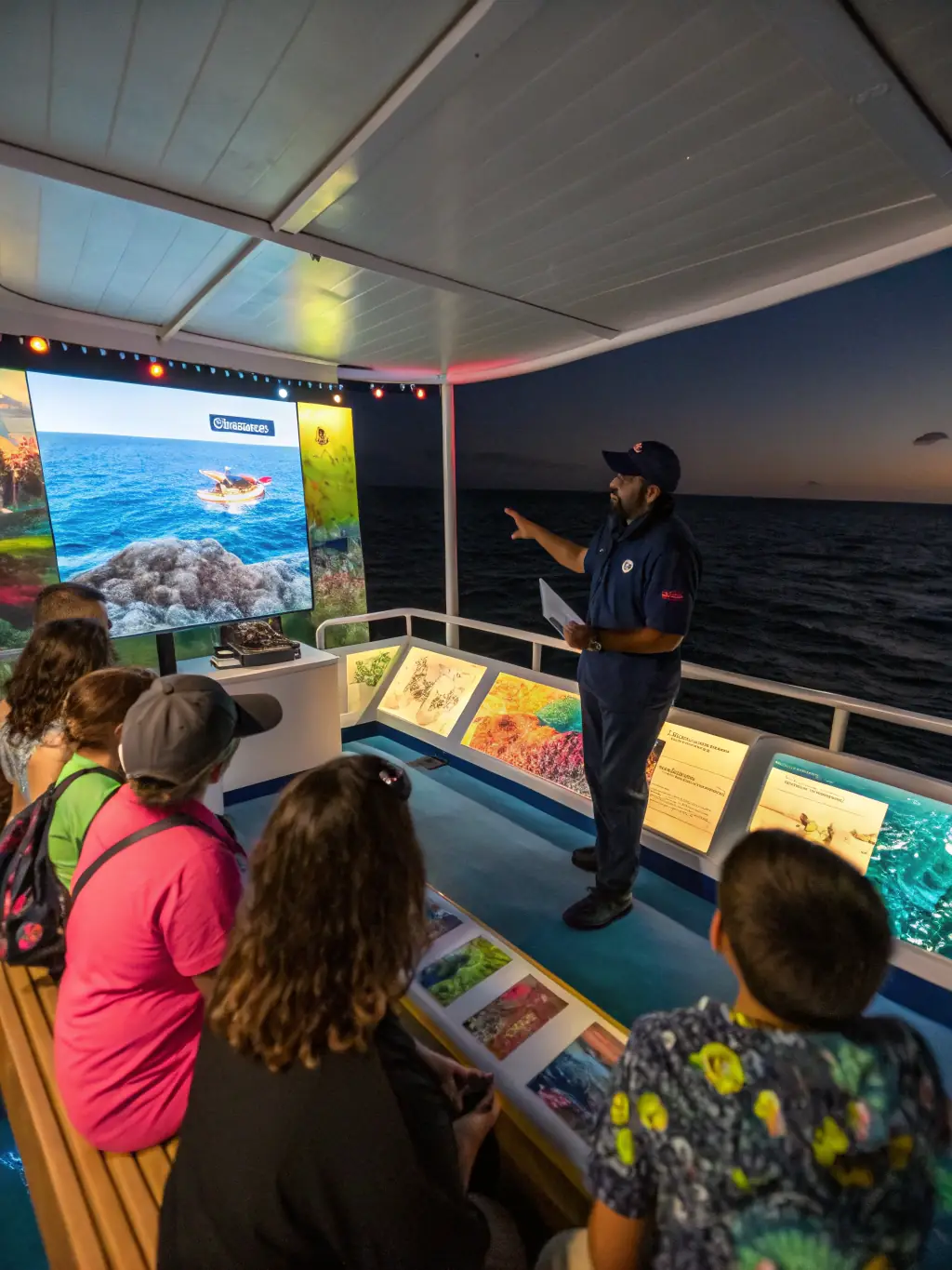 A vibrant image of a CNOB CHERCHEZ-NOUS OBSERVATOIRE team member leading an educational workshop for local students about marine mammal conservation. The atmosphere should be interactive and inspiring.