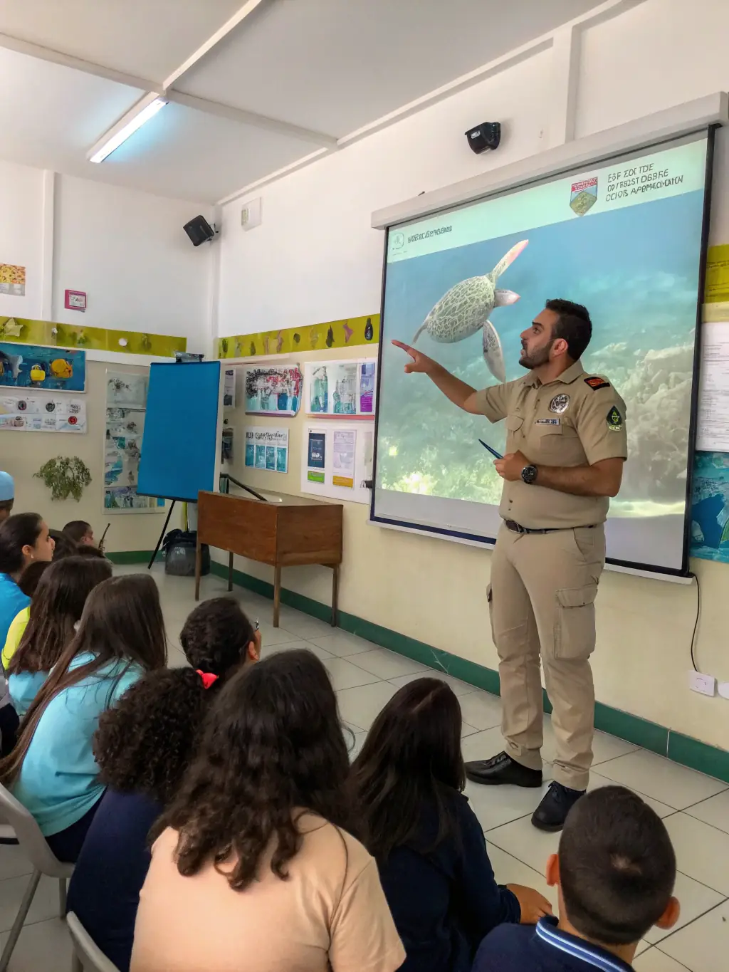 A photograph of a researcher giving a presentation to a group of students about marine mammal conservation and the importance of protecting their habitat.