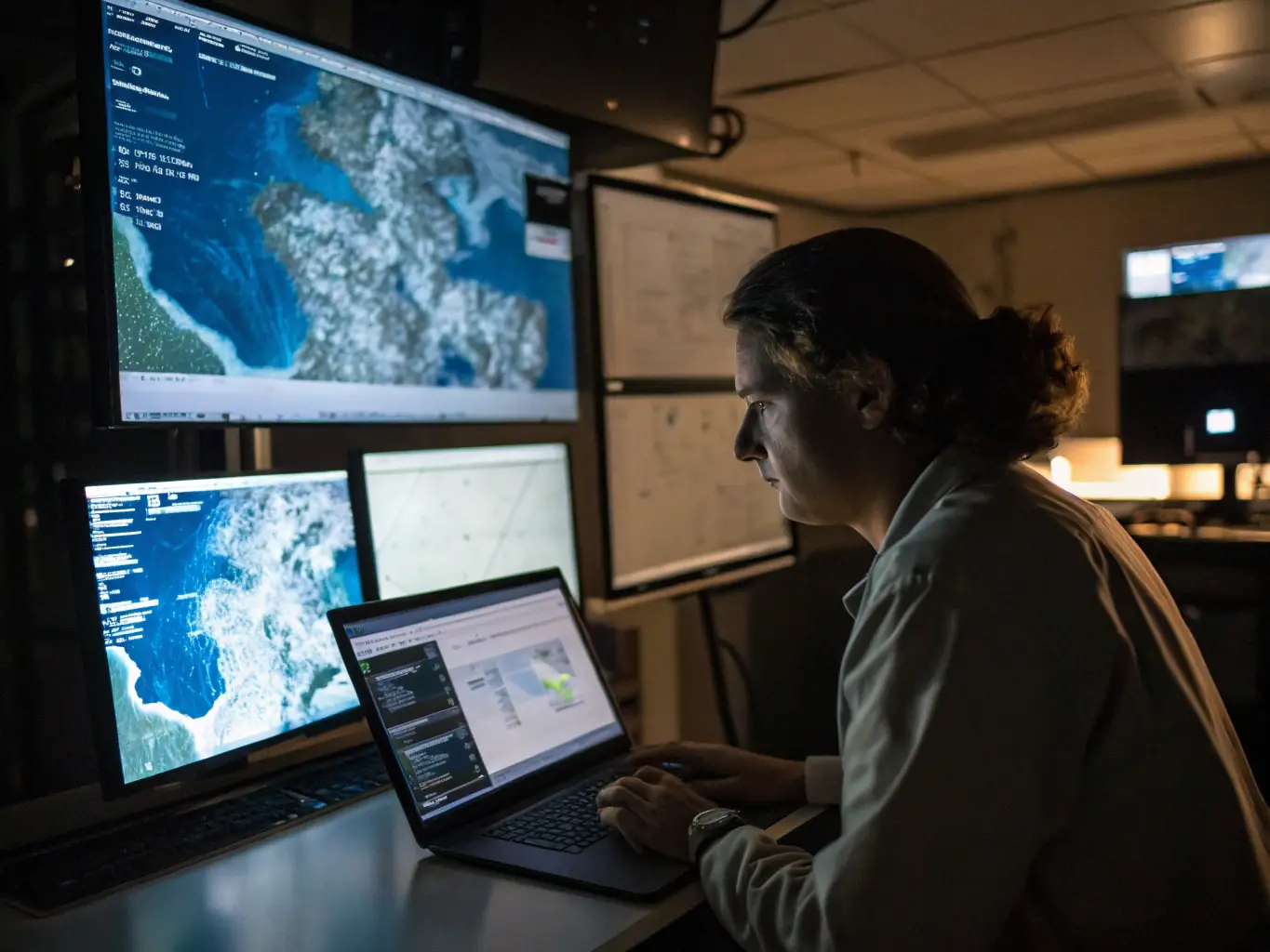 Researchers analyzing collected data in a lab setting, focusing on marine mammal behavior and population trends.