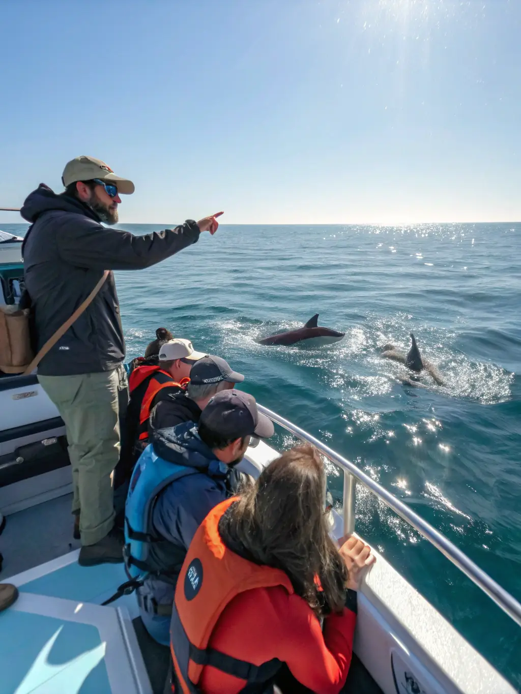 A photograph of researchers on a small boat, observing dolphins in the Pertuis d'Antioche strait. The image should convey a sense of scientific observation and respect for marine life.