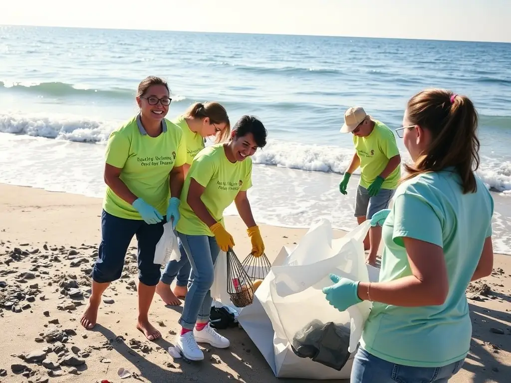 An image showcasing a team of volunteers participating in a beach cleanup, highlighting the organization's dedication to environmental stewardship and hands-on conservation efforts.