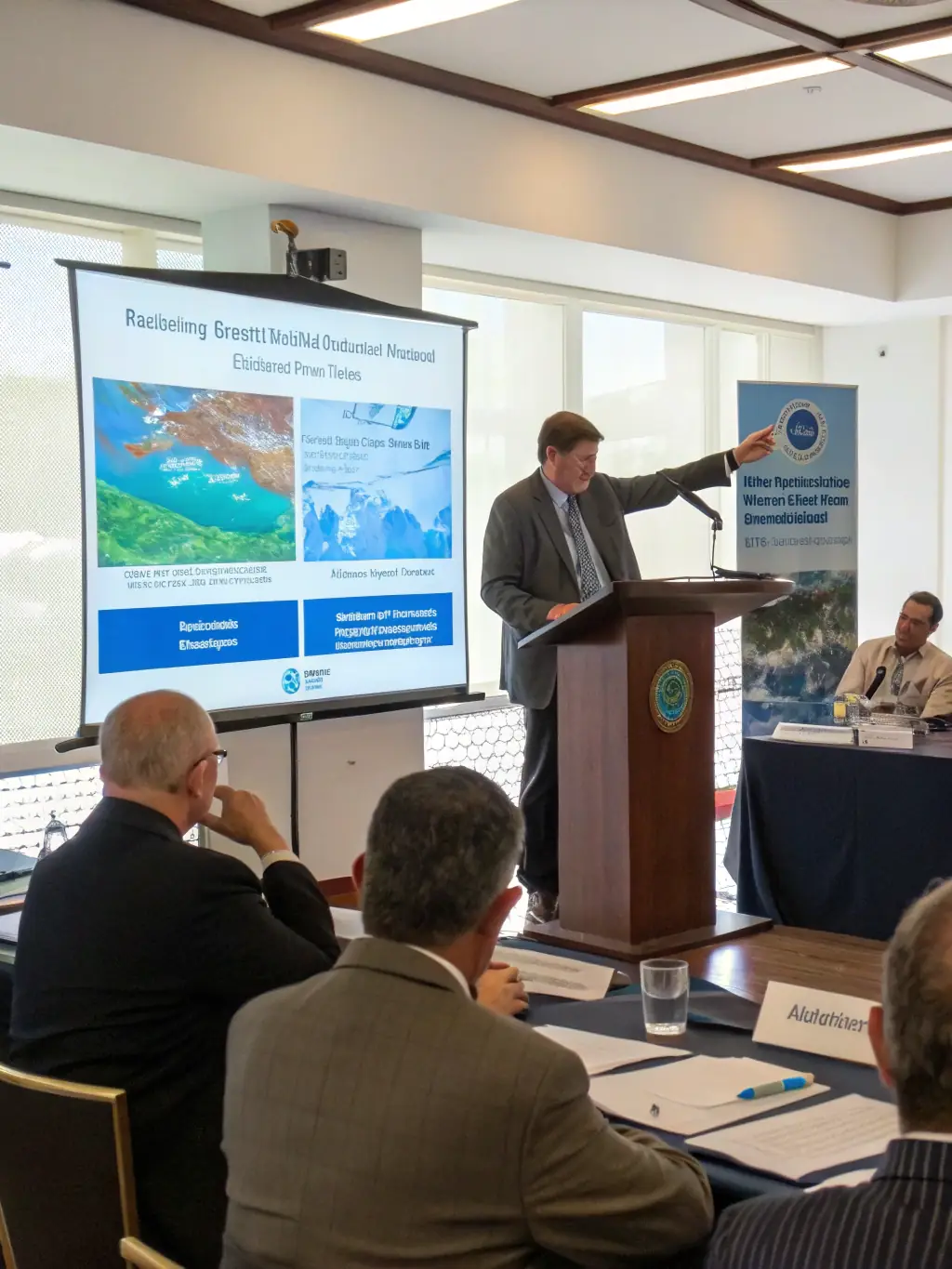 A photo showing a CNOB CHERCHEZ-NOUS OBSERVATOIRE team member presenting research findings at a marine science conference. The setting should be professional and engaging.