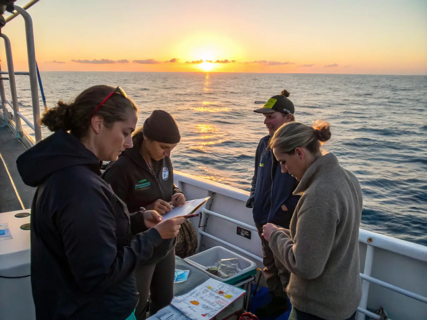 A photo of researchers from different organizations working together on a marine mammal observation project, illustrating the value of collaboration in achieving conservation goals.