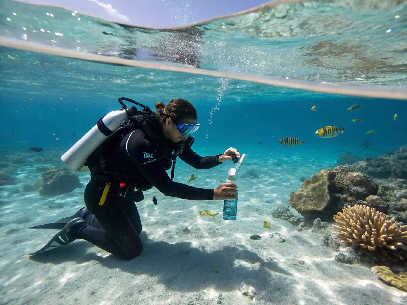 A photograph capturing a researcher carefully collecting data near a pod of dolphins in their natural habitat, emphasizing the organization's commitment to scientific accuracy and ethical research practices.